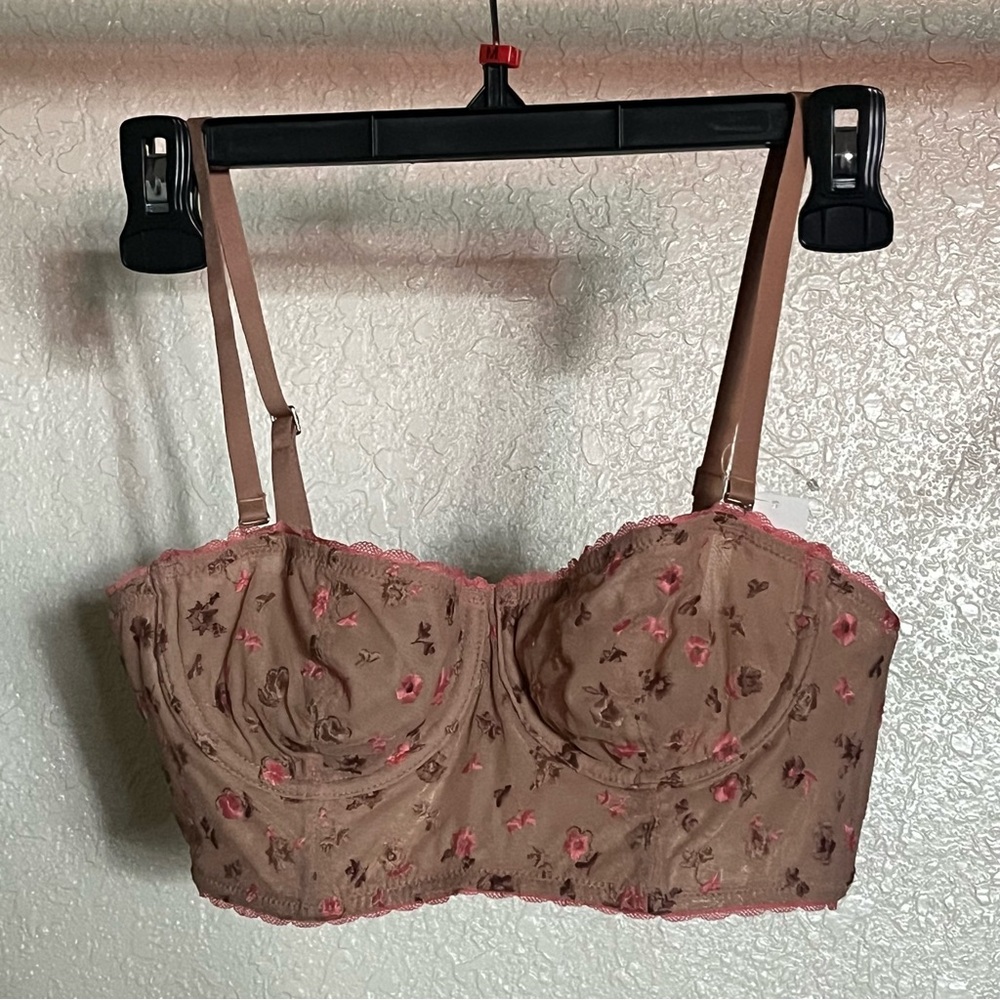 Aerie Brown and Pink Balconette Bra with Floral Embroidery